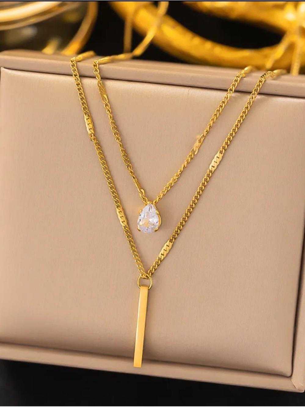 18k Gold plated Layered Teardrop & Bar Necklace - Elegant Women’s Jewelry